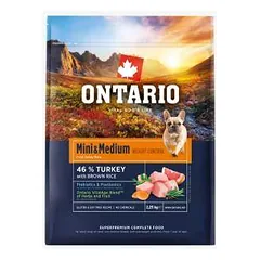 Šunų ėdalas - Ontario Mini ir Medium, svorio kontrolei, su kalakutiena ir rudaisiais ryžiais, 2,25 kg