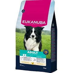 EUKANUBA Adult Medium Breeds Chicken 15 kg sausas ėdalas vidutinio dydžio šunims, kuriame gausu šviežios vištienos