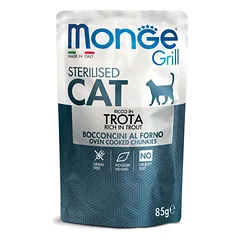 Monge Grill Sterilised konservuotas pašaras sterilizuotoms katėms su upėtakiu 85g