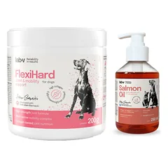 FlexiHard - sąnarių ir raumenų bei skeleto raumenų sistemos parama šunims 200 g + LAB V Lašišų aliejus šunims ir katėms 250ml