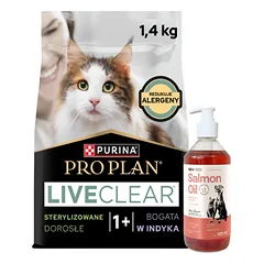 PRO PLAN LiveClear Maistas suaugusiems katėms po sterilizacijos, turtingas kalakutiena, 1,4 kg + LAB V Lašišų aliejus šunims ir katėms 500ml