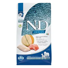 FARMINA N&D Ocean Dog Adult Medium & Maxi lašiša, menkė, moliūgas ir kantalupe melionas 100 g