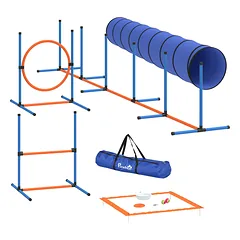 Agility rinkinys šunims, 8 dalių, su tuneliu, slalomo stulpais, reguliuojamais barjerais ir šuolių lanku, oranžinis