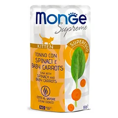 Monge Supreme Kitten Tuna with Spinach and Baby Carrots konservai kačiukams drebučiuose