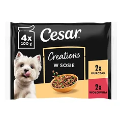 CESAR Creations Vištiena su žirniais ir Jautiena su morkomis padaže 4×100 g drėgnas maistas suaugusiems šunims
