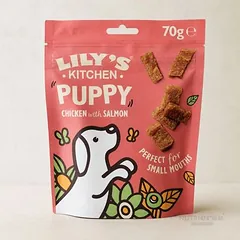 LILY'S KITCHEN – begrūdžiai skanėstai šuniukams su vištiena ir lašiša, 70 g