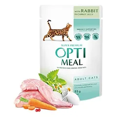 OPTIMEAL Rabbit in Carrot jelly – konservai katėms be grūdų su triušiena ir morkomis, drebučiuose, 85g*12vnt. — 2 nuotrauka