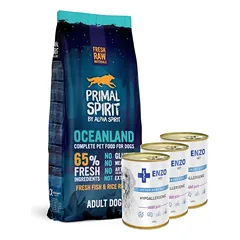 PRIMAL SPIRIT 65% Oceanland 12kg + ENZO VET Hipoalerginė dieta su triušiena šunims 3x400g