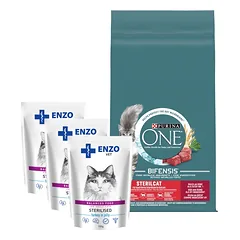 Purina One Sterilcat Rich in Beef and Wheat 9,75kg + 3x ENZO VET Sterilizuota dieta sterilizuotoms katėms su kalakutiena želė 100g