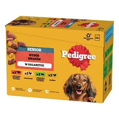 PEDIGREE Senior 12x100g drėgno visaverčio ėdalo suaugusiems šunims su jautienos ir kepenėlių mišiniu, vištiena, ėrienos ir kepenėlių mišiniu, paukštiena drebučiuose