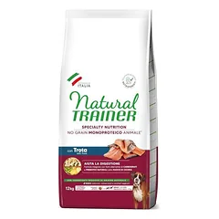 Natural Trainer No Grain Monoproteico Animale Adult Medium/Maxi Trout neskaldytų grūdų sausas maistas suaugusiems vidutinio ir didelio dydžio šunims su upėtakiu, 12 kg