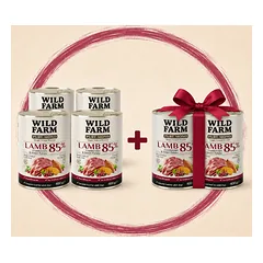 WILD FARM PURE MONO Ėriena, spanguolės ir saldžiosios bulvės vienos rūšies baltymų šunų maistas 4x400g + 2x400g NEMOKAMAI