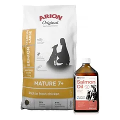 ARION Original Original Mature 7+ Senior Medium & Large Chicken sausas maistas šunims 12 kg + Lab-V 100% lašišų aliejus įvairaus amžiaus šunims ir katėms 500ml šalto spaudimo