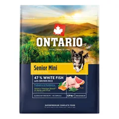 Šunų ėdalas – Ontario Senior Mini, su žuvimi ir rudaisiais ryžiais, 2,25 kg