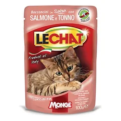 LeChat Pouches su tuno ir lašišos gabaliukais konservuotas maistas suaugusiems katams padaže, 100 g nuotrauka
