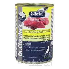 DR. CLAUDER’S DRĖGNAS MAISTAS ŠUNIMS ODAI IR KAILIUI SU KALAKUTIENA IR BULVĖMIS 800g x 6vnt.