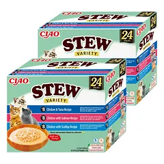 INABA Cat Ciao Stew - papildomas ėdalas katėms su vištienos, tuno, lašišos ir šukučių skoniu 48x40g