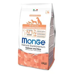 Monge All Breeds Puppy & Junior su lašiša ir ryžiais, sausas maistas visų veislių šuniukams su lašiša ir ryžiais, 2,5 kg