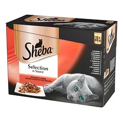 SHEBA paketėlis 12x85g "Selection in Sauce Juicy Flavours" - drėgnas kačių ėdalas padaže (su jautiena, su ėriena, su vištiena, su kalakutiena)