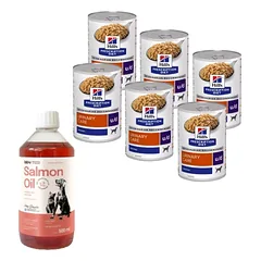 HILL'S PD Prescription Diet Canine u/d 6x370g - skardinė + LAB V Lašišų aliejus šunims ir katėms 500ml