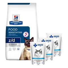 HILL'S PD Prescription Diet Feline z/d Jautrumas maistui 1,5kg + ENZO VET Hipoalerginiai produktai katėms su ėriena želė 3x100g