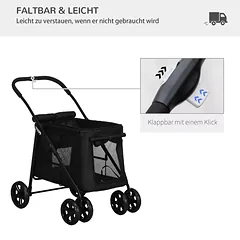 Šunų vežimėlis iki 20 kg su pagalvėle ir 3 šoninėmis kišenėmis, sulankstomas, 102 x 62 x 105 cm, juodas — 5 nuotrauka