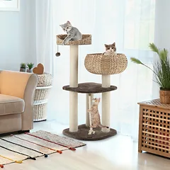 Kačių draskyklė su pintu guoliu ir žaislais, ruda, 104,1 cm — 3 nuotrauka