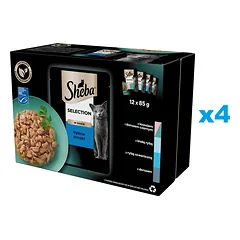SHEBA Selection "Fish Flavours" paketėliai 48x85 g drėgno visaverčio maisto suaugusioms katėms su lašiša ir juodąja menke, baltąja žuvimi, vandenyno žuvimi, menke — 1 nuotrauka