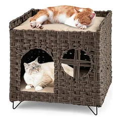 GIANTEX Katzenhaus Aus Rattan Mit 2 Ebenen Und Versteckter Höhle
