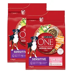 PURINA ONE Medium Maxi Adult Sensitive Salmon and Rice 2x2,5 kg su lašiša ir ryžiais, sausas maistas vidutinio ir didelio dydžio šunims su jautria virškinimo sistema