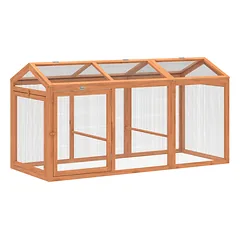 Lauko aptvaras vištoms 156x70,5x84 cm, medinis, su lakta ir dvejomis durimis, 4 vištoms, oranžinis