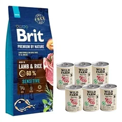 BRIT Premium By Nature Sensitive ėriena 8kg + Wild Farm Pate Lamb 6x400g ėrienos ėdalas šunims be glitimo