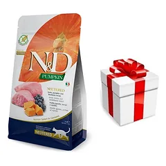 FARMINA N&D Pumpkin Feline ėriena ir mėlynės suaugusiems kastruotiems gyvūnams 300g + Staigmena katei