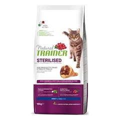 Natural Trainer Sterilised Adult Dry-Cured Ham & Pea sausas maistas suaugusiems sterilizuotiems katėms su džiovinta šuniena ir žirneliais, 10 kg