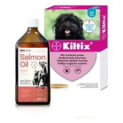 Bayer KILTIX, antkaklis vidutinio dydžio šunims 53cm + Lab-V 100% lašišų aliejus įvairaus amžiaus šunims ir katėms 500ml šalto spaudimo nuotrauka