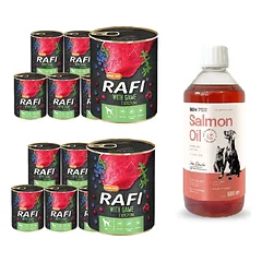 DOLINA NOTECI Rafi su elniena 12x800g + LAB V Lašišų aliejus šunims ir katėms 500ml