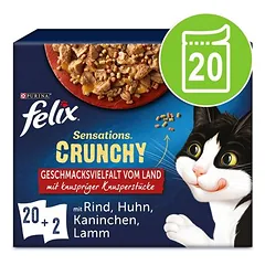 Felix „Sensations Crunchy“ maišeliai, drėgnas maistas katėms 20 x 85 g + 80 g priedas