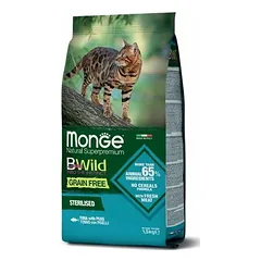 Monge BWild Grain Free Sterilised su tunu ir žirneliais, sausas maistas katėms 1,5 kg