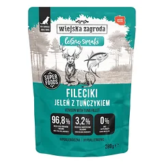 WIEJSKA ZAGRODA Monoprotein filė gabalėliai su elniena ir tunu „Miško skoniai“, 280 g – drėgnas maistas šunims