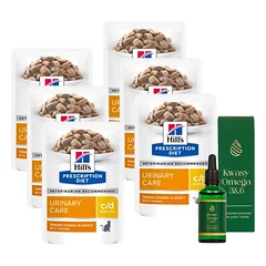 HILL'S PD Prescription Diet Feline c/d Multicare Chicken 6x85g paketėlis + LAB-V Omega 3 ir 6 riebalų rūgštys bendrai šunų ir kačių sveikatos, kailio ir odos būklei gerinti 50ml