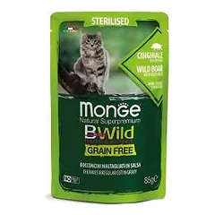 Monge BWILD Cat Pouches begrūdis drėgnas maistas sterilizuotoms katėms su šerniena ir daržovėmis, 85 g