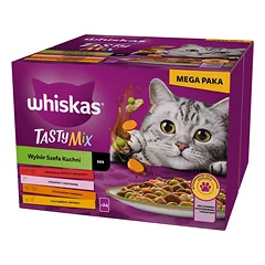 WHISKAS Adult Tasty Mix Chef's Choice su jautiena, lašiša, vištiena ir kalakutiena, vištiena ir menke suaugusioms katėms 24x85 g gabalėliai su jautiena, lašiša, vištiena ir kalakutiena, vištiena ir menke