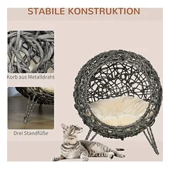 Katės namelis iš rotango su pagalvėle ir paaukštintomis kojelėmis, Ø52 x 58 cm, sidabriškai pilkas — 4 nuotrauka