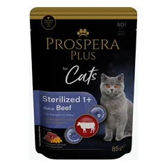 Konservuotas kačių maistas - Prospera Plus, sterilizuotas kačių maišelis 1+, su jautiena ir moliūgais, 85 g nuotrauka