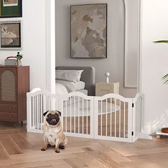 Sulankstoma šunų užtvara iš 5 dalių, masyvo mediena ir MDF, 254,5x29,5x61 cm, balta — 2 nuotrauka