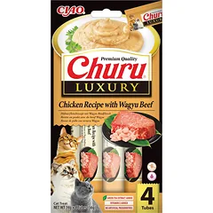 INABA Churu Cat Luxury kreminis skanėstas katėms su vištiena ir „Wagyu“ jautiena, 4 x 14 g