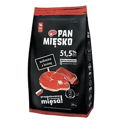 PAN MIĘSKO Sausos jautienos ir ožkienos dešrelės šunims, traškios M 2x20 kg