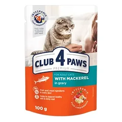 CLUB 4 PAWS Premium visavertis konservuotas maistas suaugusioms katėms su skumbre padaže 80g.x24vnt.