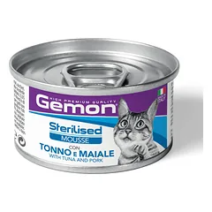Konservuotas pašaras katėms GEMON Wet Cat Mousse Sterilised Tuna/Pork 85g