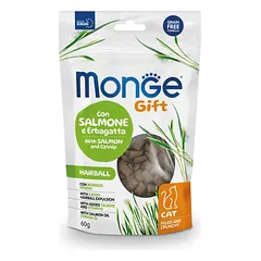 Monge Gift Filled And Crunchy Hairball Salmon And Catnip traškus skanėstas suaugusioms katėms nuo plaukų kamuolių su lašiša ir katžole, 60 g
